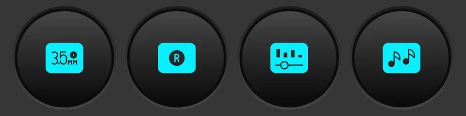 Set Audio jack, Record button, Music equalizer and note, tone icon. Vector Illustrazione stock