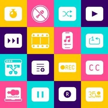 Set Audio jack, Subtitles, Repeat track music player, Arrow shuffle, Play video Stock Illustration