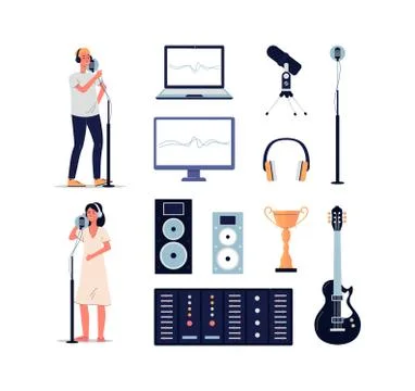 Set of audio recording studio equipment flat vector illustration isolated. Illustrazione stock