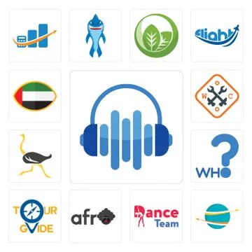 Set of audio visual, import export, dance team, afro, tour guide, who, ostric Illustrazione stock gratuita