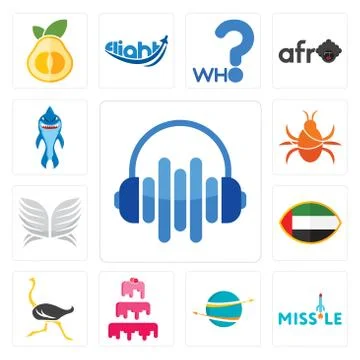 Set of audio visual, missile, import export, cake company, ostrich, uae flag, Free Stock Illustration