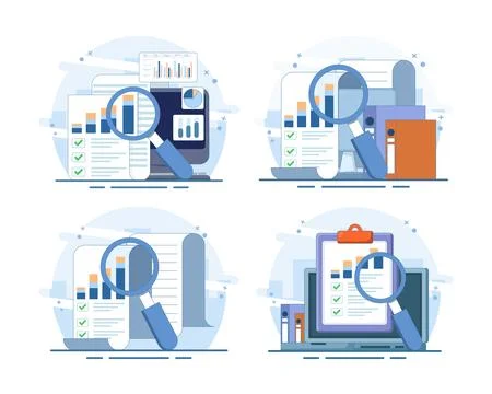 Set of audit research on computer flat cartoon vectors Stock Illustration