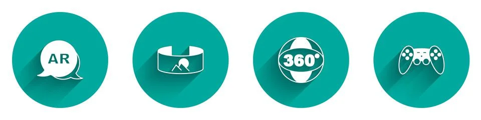 Set Augmented reality AR, 360 degree view, and Gamepad icon with long shadow Stock Illustration