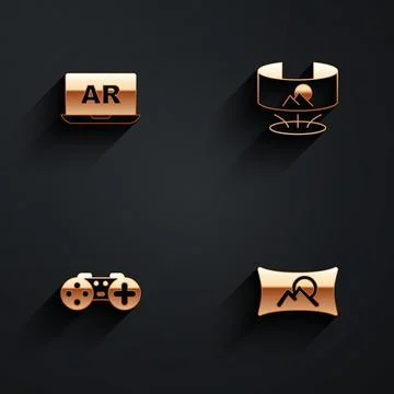 Set Augmented reality AR, 360 degree view, Gamepad and Wide angle picture icon Stock Illustration
