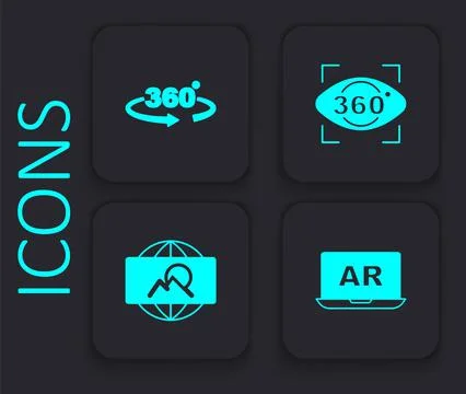 Set Augmented reality AR, 360 degree view,  and Wide angle picture icon. Blac Illustrazione stock