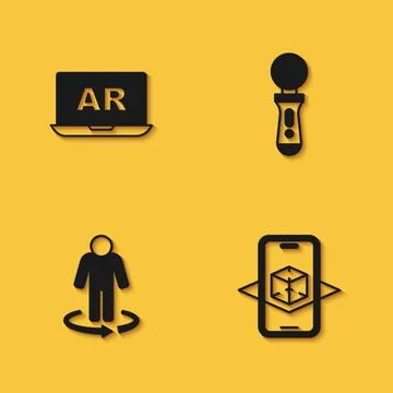 Set Augmented reality AR, 3d modeling, and VR controller game icon with long Stock Illustration