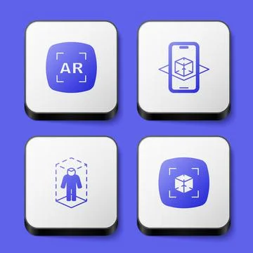 Set Augmented reality AR, 3d modeling, and icon. White square button. Vector Stock Illustration