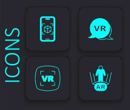Set Augmented reality AR, 3d modeling, Virtual and  icon. Black square button Stock Illustration