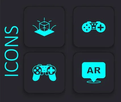 Set Augmented reality AR, 3d modeling, Gamepad and icon. Black square button Stock Illustration