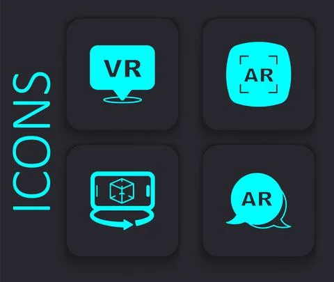 Set Augmented reality AR, Virtual, and 3d modeling icon. Black square button Illustrazione stock