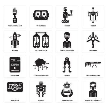 Set of Augmented reality, Smartwatch, Eye scan, Robot, Audio file, Google gla Illustrazione stock gratuita