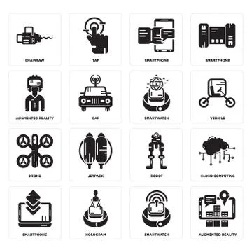 Set of Augmented reality, Smartwatch, Smartphone, Robot, Drone, Chainsaw icon 무료 스톡 일러스트