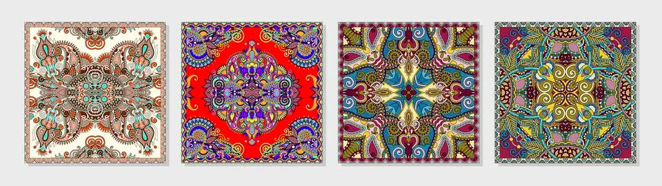Set of authentic silk neck scarf or kerchief square pattern design in ukrainian Stock Illustration