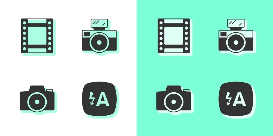 Set Auto flash, Camera roll cartridge, Photo camera and with icon. Vector 스톡 일러스트