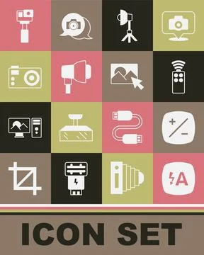Set Auto flash, Exposure compensation, Remote control for camera, Softbox light Stock Illustration