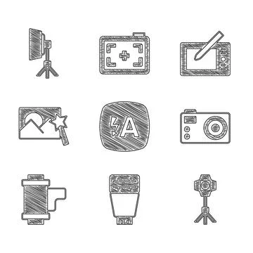 Set Auto flash, Photo camera, Softbox light, Camera roll cartridge, retouching 스톡 일러스트