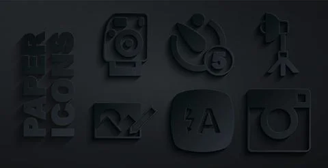 Set Auto flash, Softbox light, Photo retouching, camera, Camera timer and icon Stock Illustration