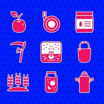 Set Automatic irrigation sprinklers, Jam jar, Can container for milk, Bucke.. Illustration