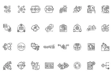 Set of automation and artificial intelligence line icons Stock Illustration