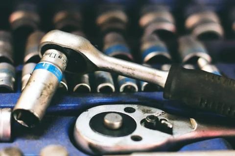 A set of automotive tools. Socket heads. Socket wrench. Repairs Stock Photos