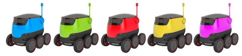 Set of autonomous delivery robots. 3D rendering Illustrazione stock