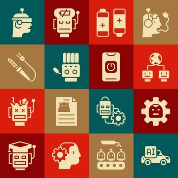 Set Autonomous smart car, Robot, Artificial intelligence, Battery, Mechanical Stock Illustration