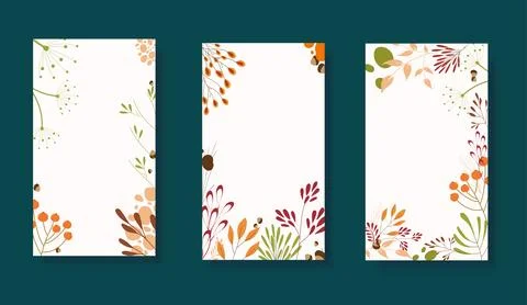 Set of Autumn backgrounds with different flower and botanical leaves for bann Stock Illustration