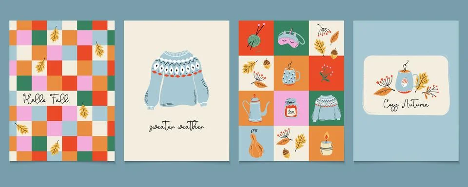 Set of Autumn cards or posters. Cute Fall theme prints. 库存插图