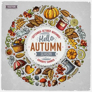 Set of Autumn cartoon doodle objects, symbols and items Ilustração Stock