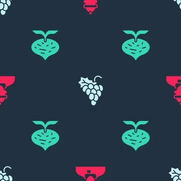 Set Autumn clothes, Grape fruit and Beet on seamless pattern. Vector Stock Illustration