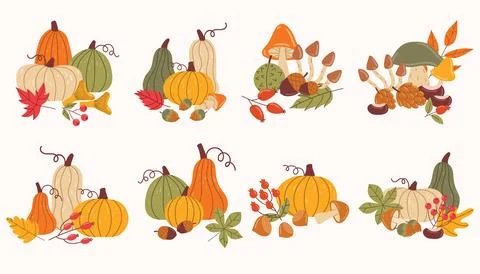 Set of autumn compositions set featuring seasonal elements like leaves, pumpk Stock Illustration