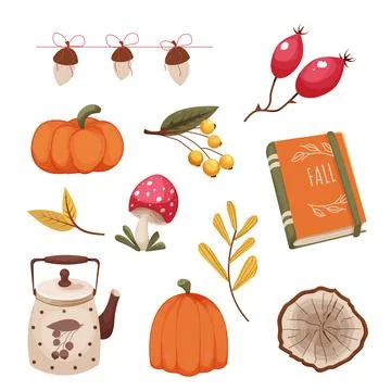 Set autumn cozy elements, stickers with foliage, forest decorations, acorn 스톡 일러스트