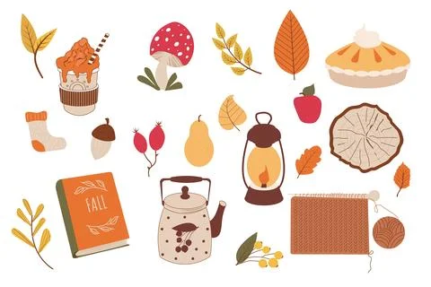 Set autumn cozy elements, stickers with foliage, forest decorations, acorn 스톡 일러스트