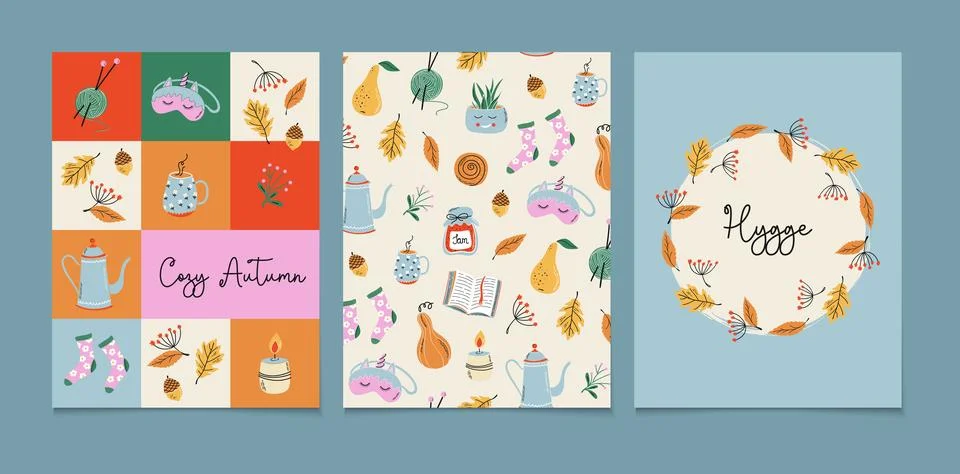Set of Autumn design prints. Cute Fall theme postcards. 库存插图