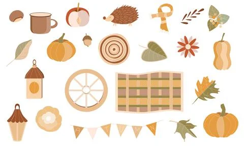 Set of autumn elements, falling leaves, a cute hedgehog, various pumpkins イラスト素材