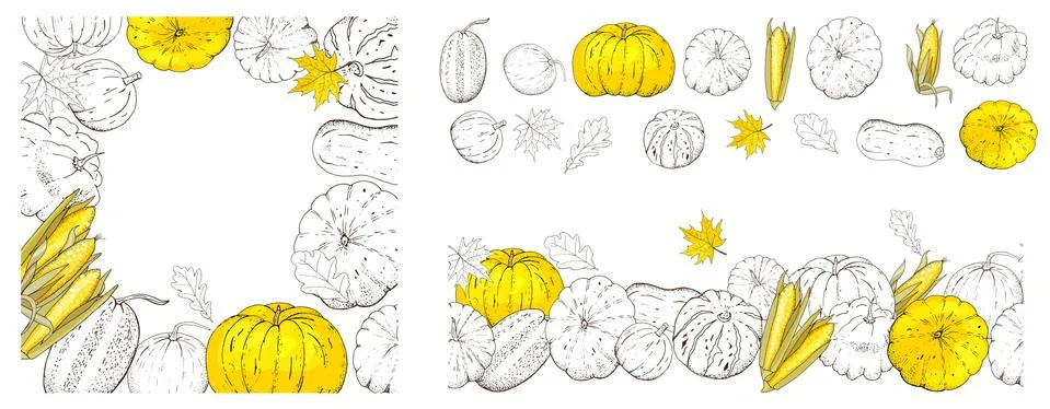 Set of autumn elements isolated on white background. Pumpkins, leaves Stock Illustration