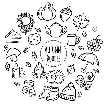 Set of autumn elements, leaves, berry, mushrooms, doodle style flat vector Illustrazione stock