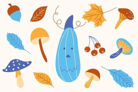 A set of autumn elements, pumpkin, leaves and mushrooms. Illustrazione stock