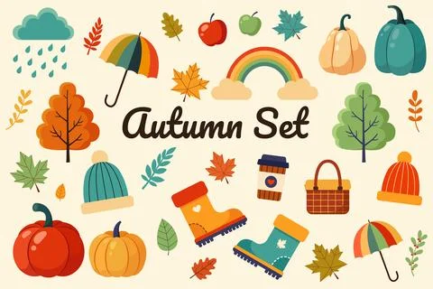 Set of autumn elements. Simple flat vector illustration. Isolated clipart Illustrazione stock