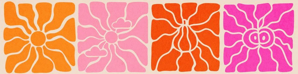 Set of autumn elements with wavy sun rays backgrounds in warm bright retro Illustrazione stock
