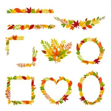 Set of autumn frames and compositions. Vector illustration on a white background Stock Illustration