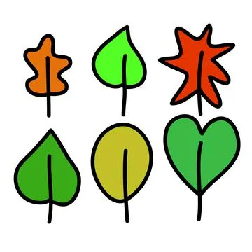 Set of autumn leaves of different trees with a stroke. Primitive doodle style Stock Illustration