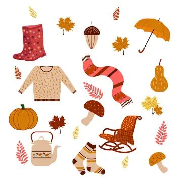 Set of autumn mood clothes, objects, leaves, mushrooms Stock Illustration