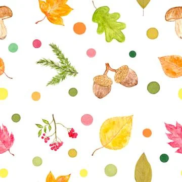 Set of Autumn Objects, Watercolor Painted and Isolated, SEAMLESS Pattern Stock Illustration