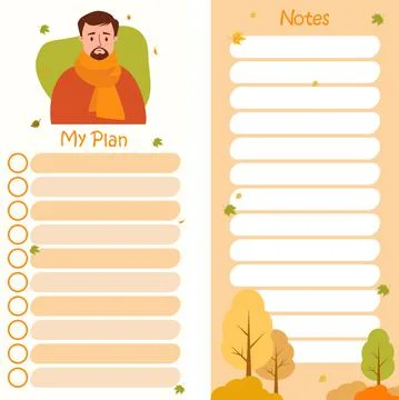 Set - Autumn planner with bearded man in scarf and autumn leaves Against backgro Stock Illustration