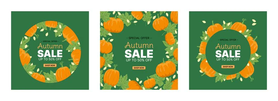 Set of autumn pumpkin frames with leaves and seeds. Flat, vector Illustrazione stock