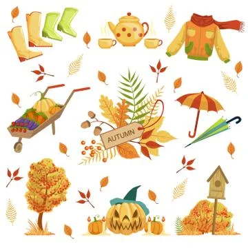 Set Of Autumn Related Objects 스톡 일러스트