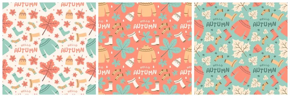 Set of Autumn Seamless Pattern Illustration Element Panoramic of Maple Tree.. イラスト素材