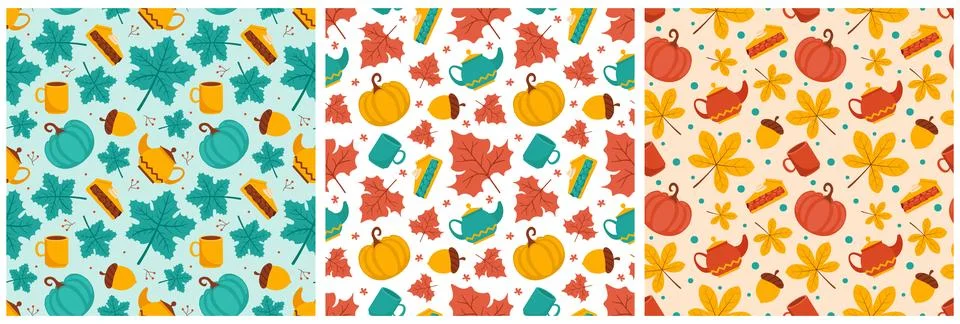 Set of Autumn Seamless Pattern Illustration Element Panoramic of Maple Tree.. Illustrazione stock