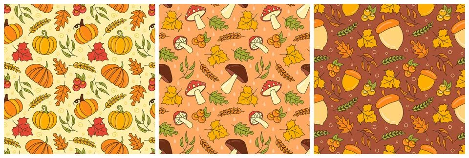 Set of Autumn Seamless Pattern Illustration Element Panoramic of Maple Tree.. イラスト素材